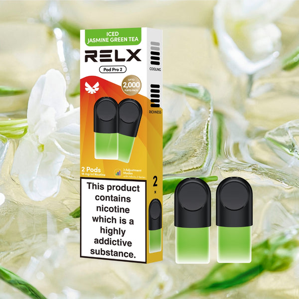 Explore RELX Global E-cigrette Vape RELX Pod Pro ICED JASMINE GREEN TEA ICED JASMINE GREEN TEA 18mg/ml Nicotine 1.9ml E-liquid