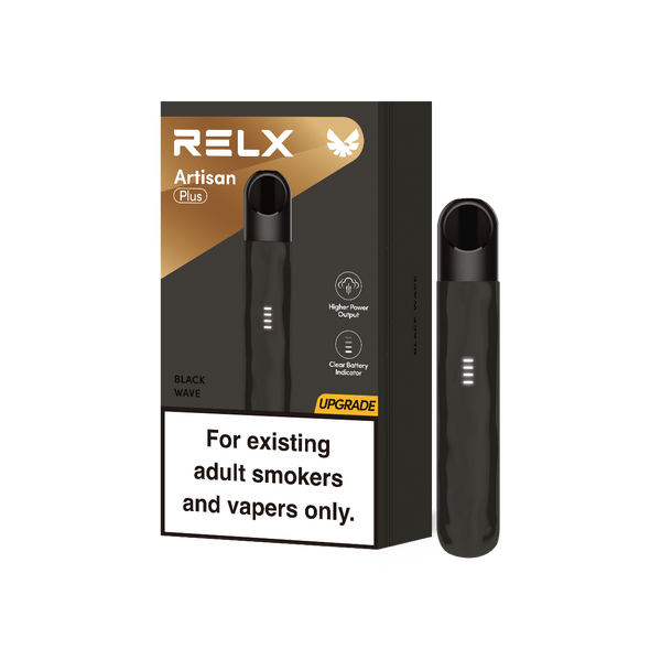 Black Wave RELX Artisan Plus premium vape device next to its official packaging box
