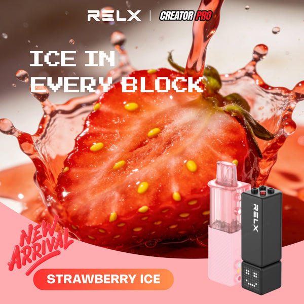 RELX Creator Pod replacement cartridge in Strawberry Ice flavor (18mg/ml nicotine). Single pre-filled pod featuring an innovative 2+8ml high-capacity design for a zesty, long-lasting, and refreshing vaping experience.
