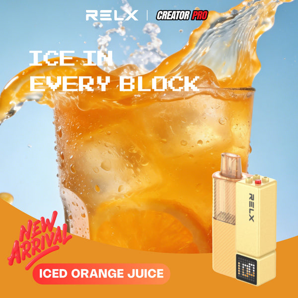 RELX Creator Pod replacement cartridge in Iced Orange Juice (18mg/ml nicotine). Single pre-filled pod featuring the 2+8ml high-capacity design for an icy, crisp, and long-lasting cooling sensation.
