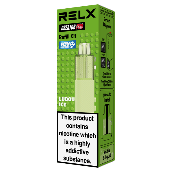 RELX Creator Pod replacement cartridge in Ludou Ice (18mg/ml nicotine). Single pre-filled pod featuring the 2+8ml high-capacity design for an icy, crisp, and long-lasting cooling sensation.
