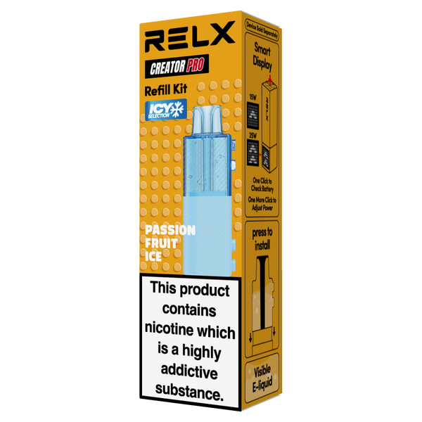 RELX Creator Pod replacement cartridge in Passion Fruit Ice (18mg/ml nicotine). Single pre-filled pod featuring the 2+8ml high-capacity design for an icy, crisp, and long-lasting cooling sensation.
