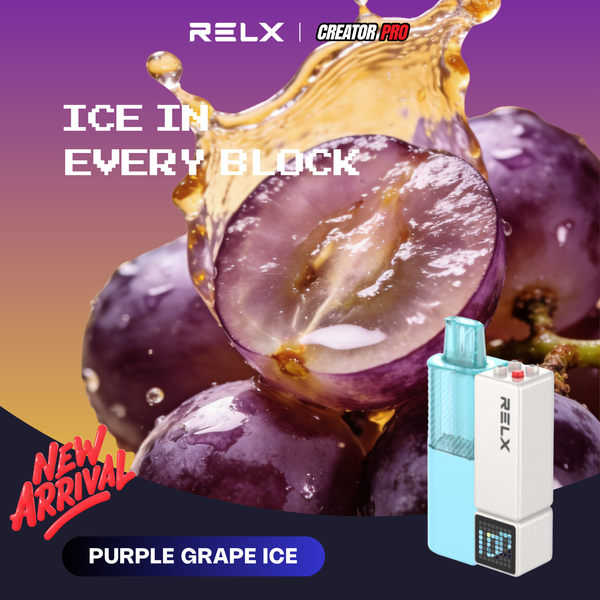 RELX Creator Pro vape device in Purple Grape Ice flavor, featuring a dynamic splash and fresh grapes background.
