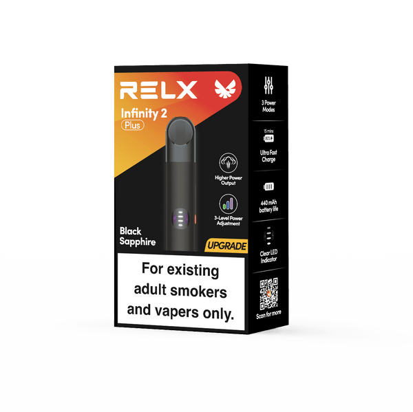 Official packaging of RELX Infinity 2 Plus Black Sapphire showing 3 power modes and ultra fast charge features
