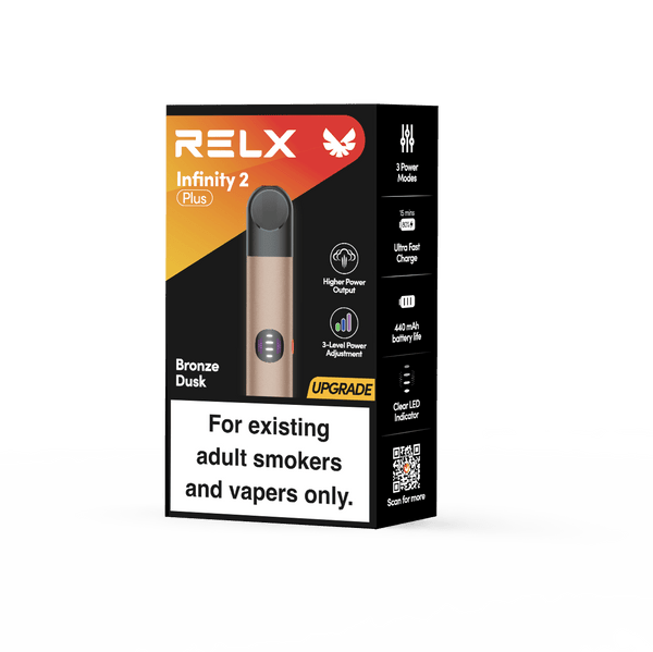 Official packaging of RELX Infinity 2 Plus Bronze Dusk with ultra-fast charging and 3-level power adjustment features
