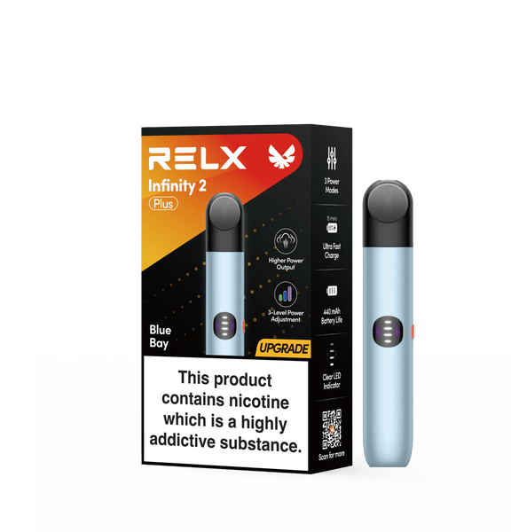Blue Bay RELX Infinity 2 Plus vape device with official packaging box
