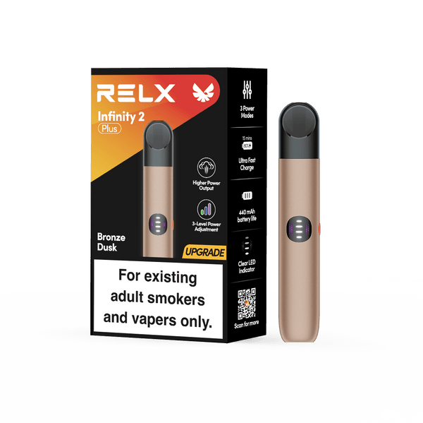 Bronze Dusk RELX Infinity 2 Plus vape device with adjustable power modes and official packaging
