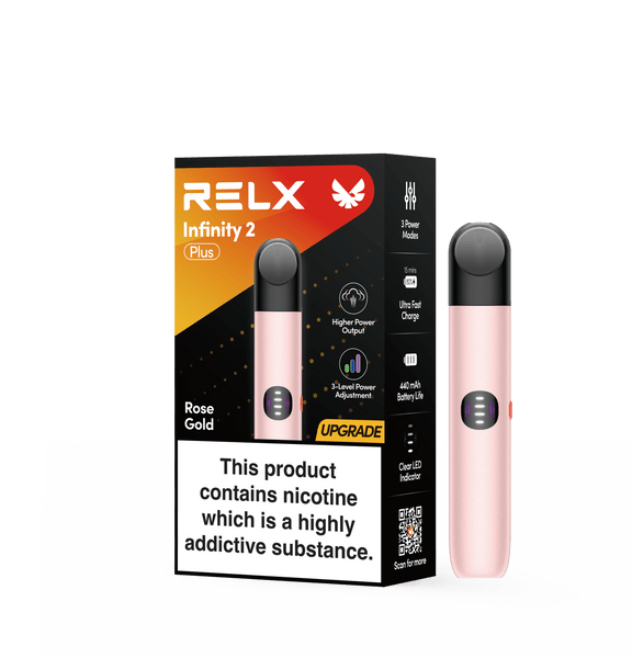Rose Gold RELX Infinity 2 Plus vape device with official packaging box
