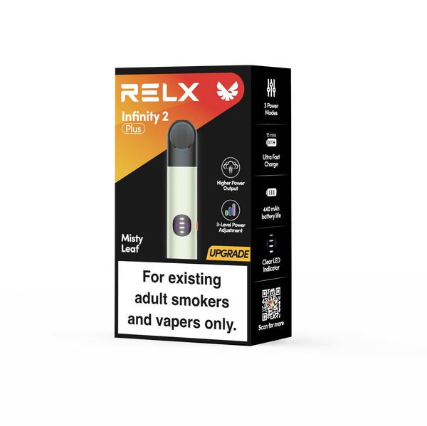 Official packaging of RELX Infinity 2 Plus Misty Leaf with ultra-fast charging and 3-level power adjustment
