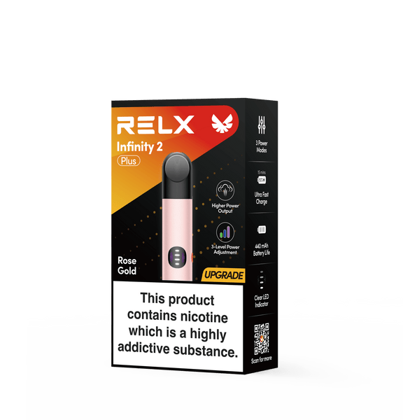 Official packaging of RELX Infinity 2 Plus Rose Gold featuring 3-level power adjustment and ultra-fast charging
