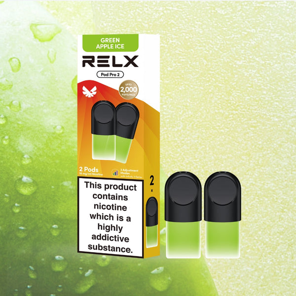 RELX Pod Pro Green Apple Ice pod close-up image, prefilled vape pod flavor option for RELX Pod Pro devices.
