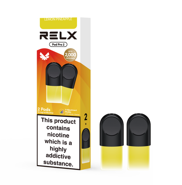 RELX Pod Pro Lemon Pineapple refill vape pods packshot, prefilled pod cartridges with smooth flavor profile.
